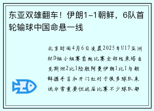 东亚双雄翻车！伊朗1-1朝鲜，6队首轮输球中国命悬一线