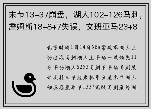 末节13-37崩盘，湖人102-126马刺，詹姆斯18+8+7失误，文班亚马23+8