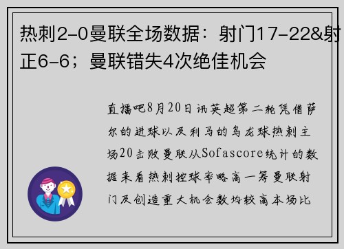 热刺2-0曼联全场数据：射门17-22&射正6-6；曼联错失4次绝佳机会