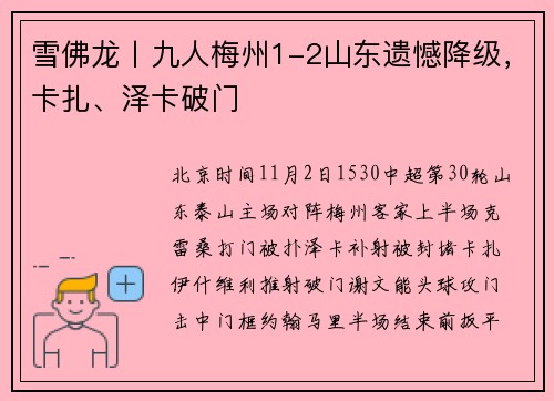 雪佛龙丨九人梅州1-2山东遗憾降级，卡扎、泽卡破门